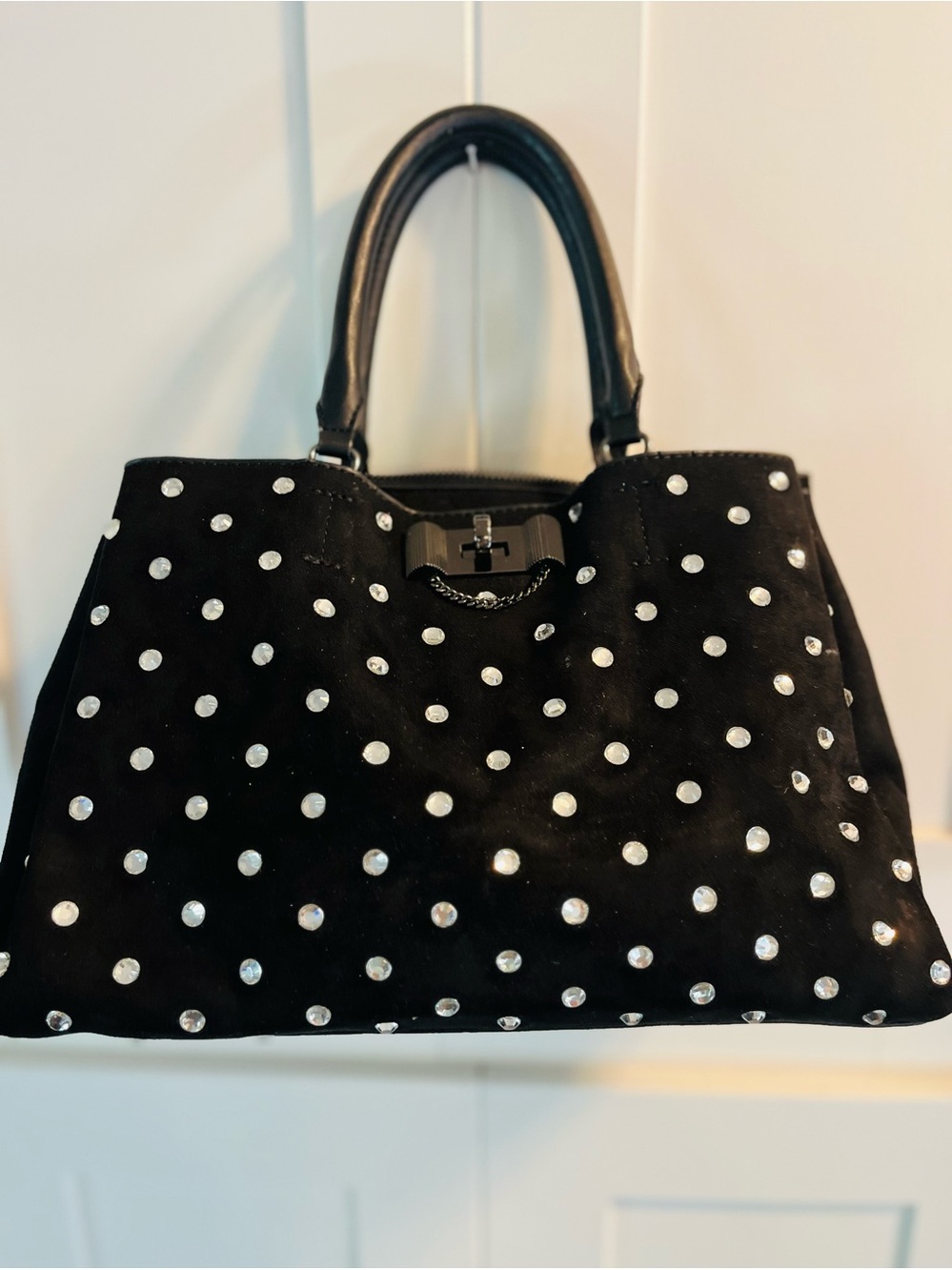 Betsey Johnson Black Studded Suede Shoulder Bag with Silver Accents